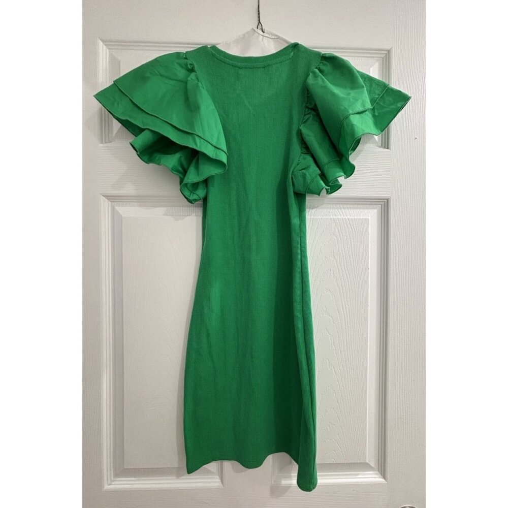 NWT Zara Dress Women’s Size S Small Ruffle Puff Sleeve Mini Body Con Green - Picture 5 of 9